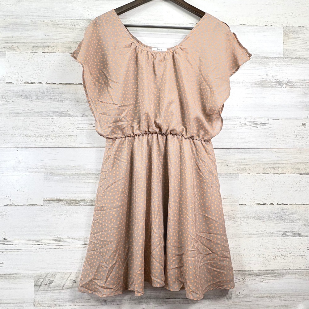 Bar III Mini Dress Size M Tan Taupe Orange Polka Dot Elastic‎ Waist Cottagecore